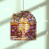 Library Faux Stained Glass Suncatcher Panel, Arched Window Book Nook with Roses, Cozy Reading Room Decor for Writers & Book Lovers